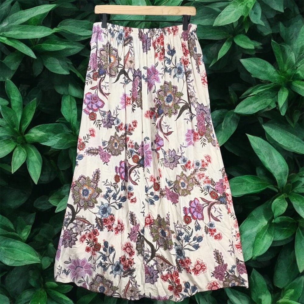 Patrons of Peace Cream and Pink Floral Midi A-Line Wrap Skirt Gypsie - Picture 3 of 8